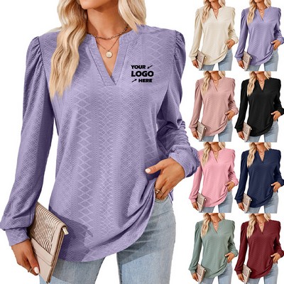Women's V Neck Puff Long Sleeve Shirts