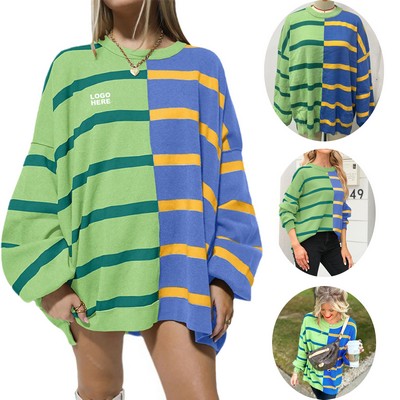 Personalized Color Block Top Women's Slouchy Pullover Oversized Striped Sweater