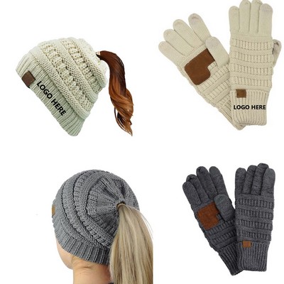 Ponytail Beanie & Knit Gloves Set
