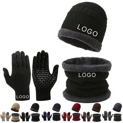 Winter Knit Beanie Hat Scarf Gloves Set