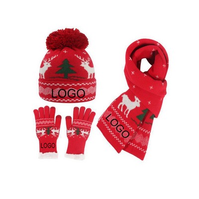 Xmas Knitted Hat Scarf Glove for Women 3" 1 set