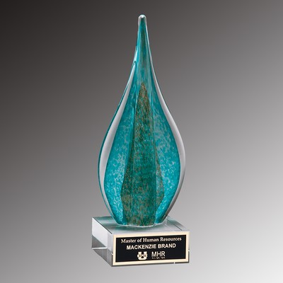 Teal/Green Teardrop with Gold Metallic Accent Art Glass on Clear Base, 11-1/2"H