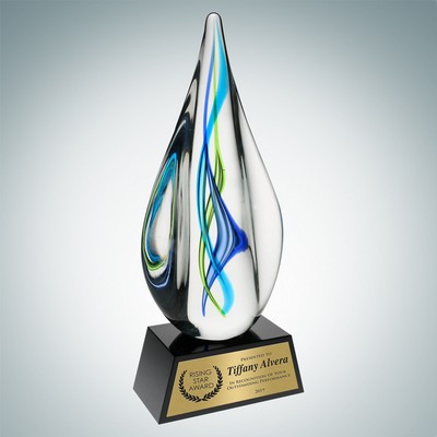 Art Glass Teal Aurora Award w/ Black Base & Gold Plate
