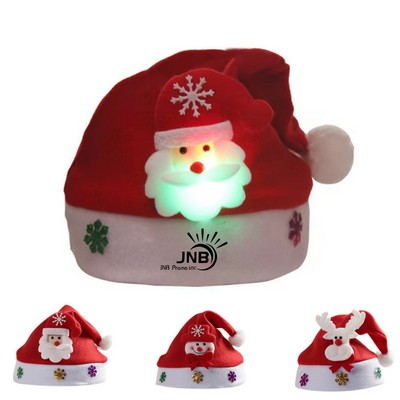 LED Christmas hats made of soft non-woven fabric, available in Santa, snowman, and reindeer styles w