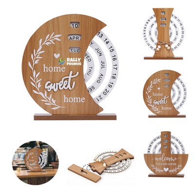 Wooden Rotating Disc Perpetual Office Home Desk Calendar