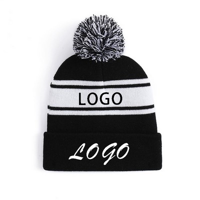 Jacquard Two-Tone Knit Pom Beanie