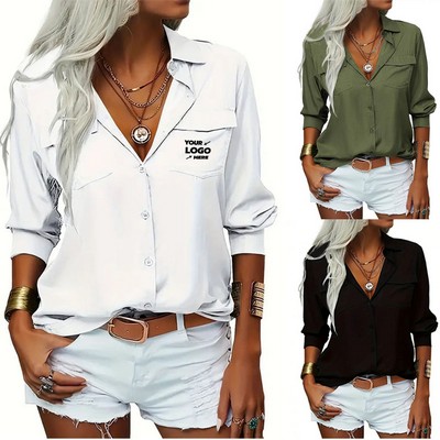 Womens Solid Lapel Long Sleeves Button Down Shirt