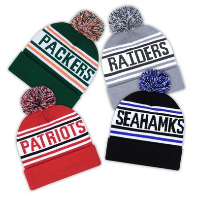Pom Pom Jacquard Knit Beanie With Custom Embroidered Logo
