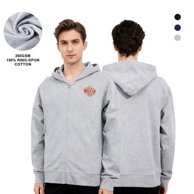 100% Cotton Unisex 360GSM Full Zip Hoodie Sweatshirt W/Hidden Pockets