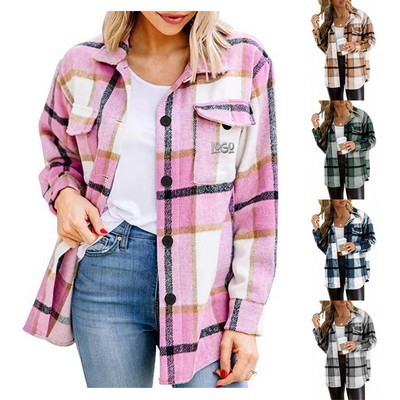 Casual Plaid Shacket Button Down Long Sleeve Shirt