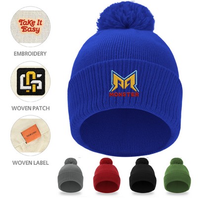 Unisex Ribbed Cuff Pom Pom Knit Beanie Cap