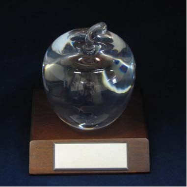 Optical Glass Apple Award With Walnut Wood Base
