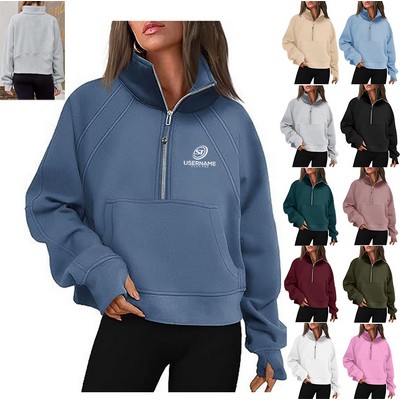 Half Zip Cropped Fleece Sweatshirt Pullover