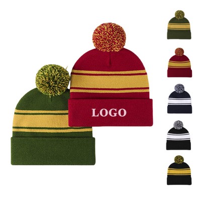 Winter Knitted Beanie Hat With Pom-Embroidery