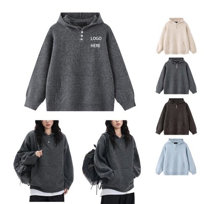 Women's Denim Hoodie Pullover Half Zip Jean Jacket With Pocket