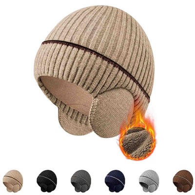 Winter Fleece Line Beanie With Earflap For Men Women Outdoor Warm Thermal Knitted Hat Stocking Cap