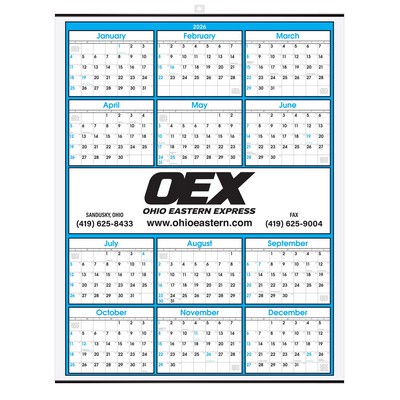 Blue Border Modern Yearly Calendar w/Center Imprint