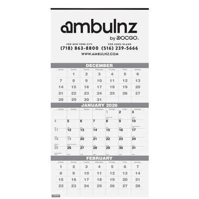 3 Months at a Glance Wall Calendar w/1 Color Imprint (12 ¼"x 25")