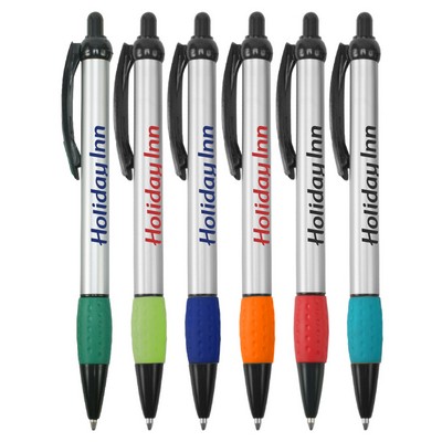 Promotional - Jolly Jotter - Silver Barrels Ballpoint Pens with Colored Trim and Rubber Grip