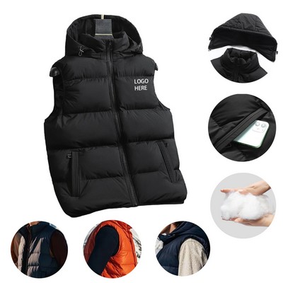 Mens Winter Puffer Vest Removable Hood Quilted Sleeveless Jacket
