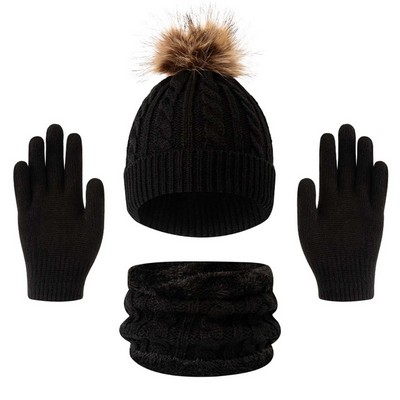 Kids Pompom Winter Beanie Hat Scart Gloves Set