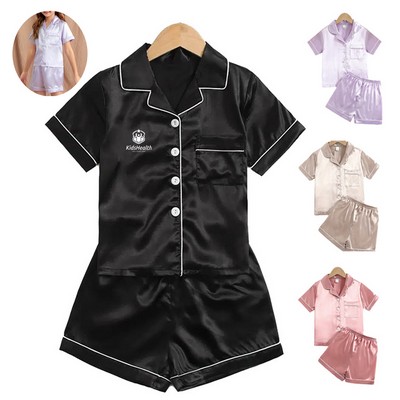 Kid's Short Sleeve Sleepwear Button Down Satin 2 Piece Pajama Set