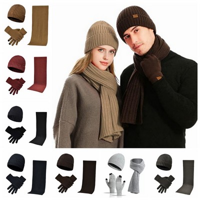 Unisex 3Pcs Winter Beanie Hat Scarf Gloves Set
