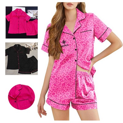 Womens Silk Satin Pajama Set Print Short Sleeve Sleepwear Button Down Pjs Shorts Set