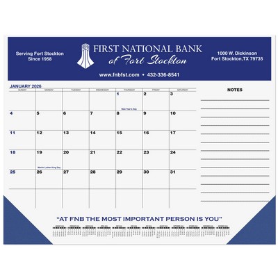 Blue & Black Calendar Desk Pad w/Side Note Lines & 1 Color Imprint (21 ¾"x 17")