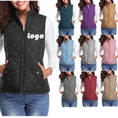 Sleeveless Zippered Diamond Puff Vest