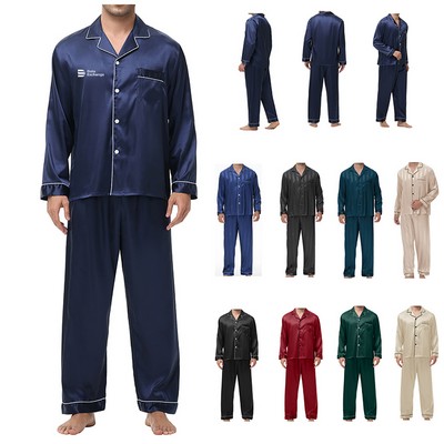 Pajamas Set Mens Silk Satin Pajamas Long Sleeve Loungewear Two-Piece Sleepwear
