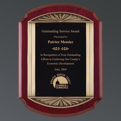 Rosewood Piano Finish Plaque with "Sunburst" Antique Bronze Casting and Black Plate, 11"x15"