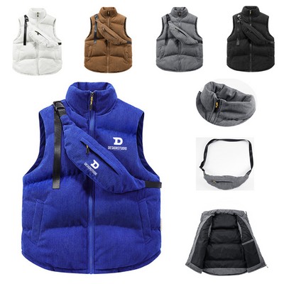 Corduroy Puffer Vest Men Quilted Winter Warm Sleeveless Jacket