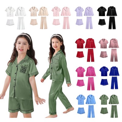 4 Pcs Kids Girls Boys Satin Pajamas Set Silk Button Down Long Sleeve Sleepwear